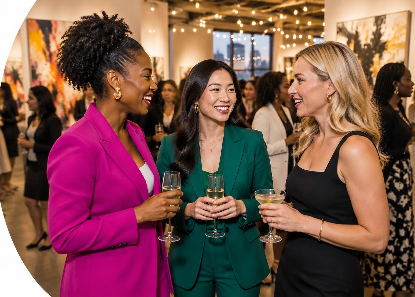 Professional women connecting at an evening networking event